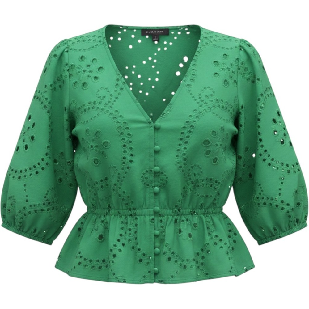 Sanctuary Womens Green Eyelet Cotton Peplum Puff Sleeve Crop‎ Top M EUC